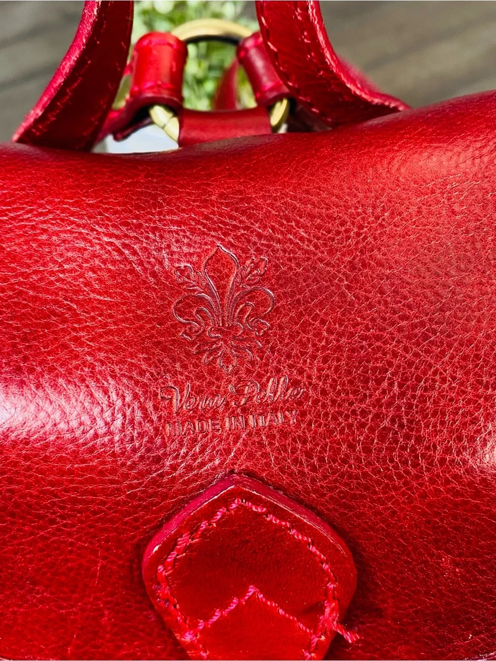 Vera Pelle Italian Red Leather Mini Backpack Vintage Drawstring Flap Bag Italy